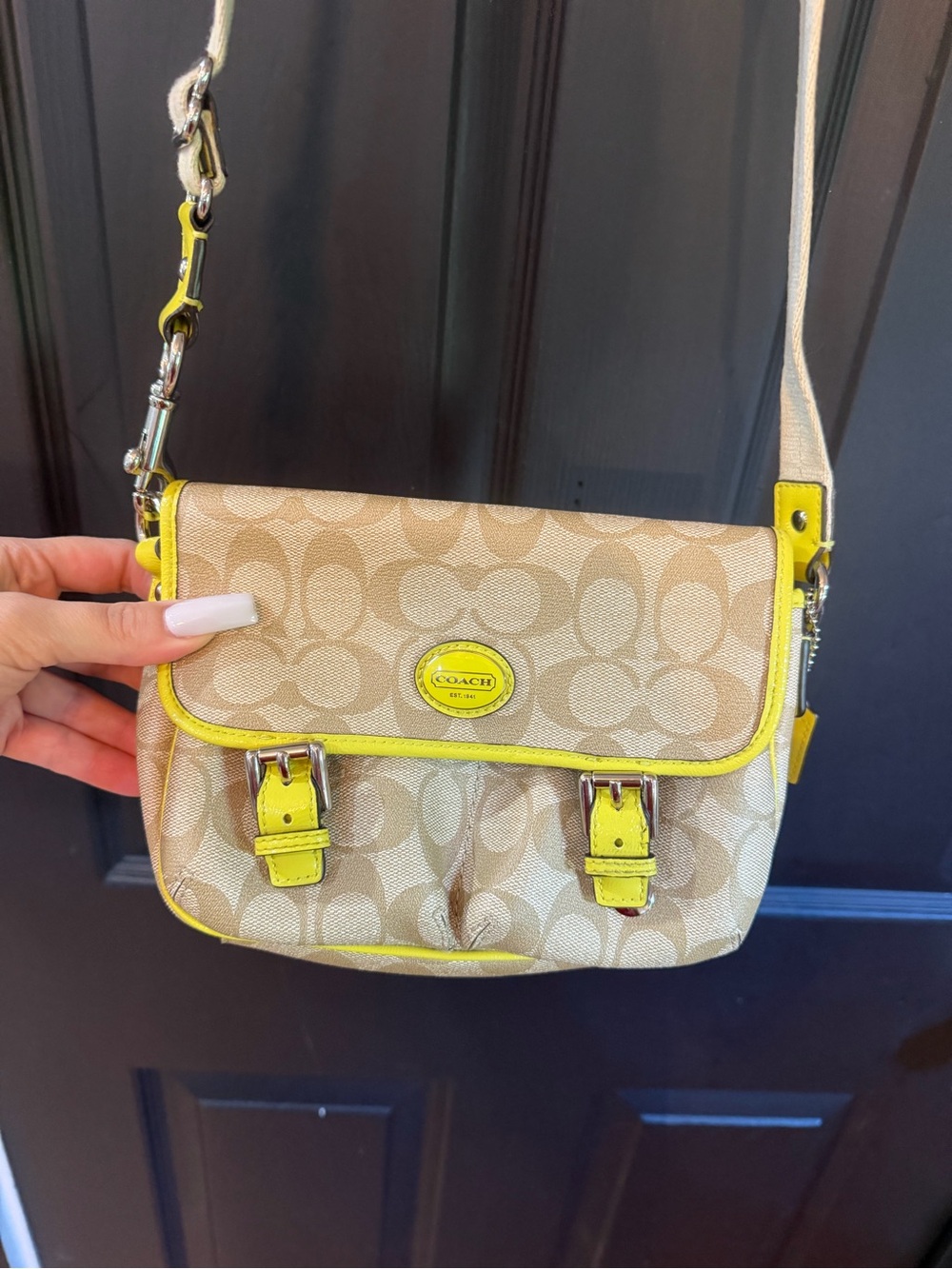 Coach Beige Signature Crossbody with Yellow Trim